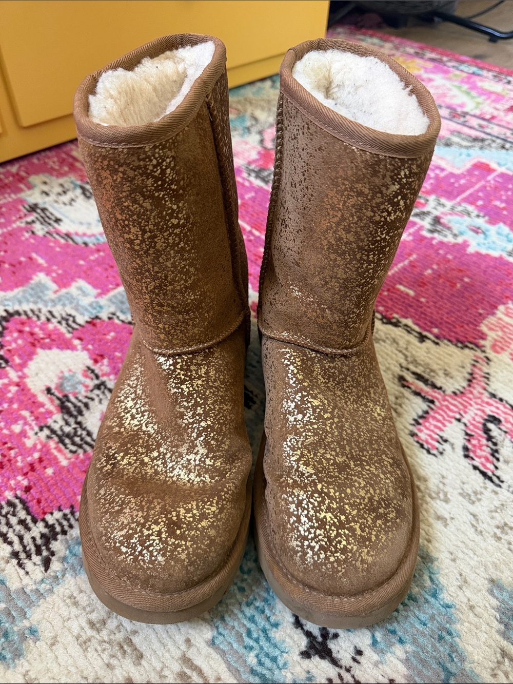 UGG Metallic Gold Speckled Furry Boots Size 9